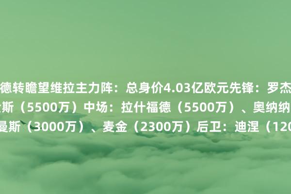德转瞻望维拉主力阵：总身价4.03亿欧元先锋：罗杰斯（4000万）、沃特金斯（5500万）中场：拉什福德（5500万）、奥纳纳（5500万）、蒂莱曼斯（3000万）、麦金（2300万）后卫：迪涅（1200万）、保-托雷斯（4500万）、孔萨（3500万）、卡什（2800万）门将：马丁内斯（2500万）    买球网体育信息